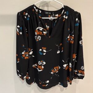 Fab'rik Black Floral Blouse with Orange and Blue Accents